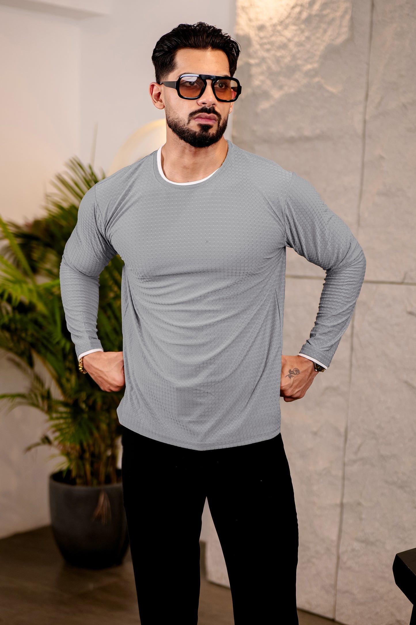 TOM MILTON Mens Grey Color Round Neck Full Sleeve Tshirt