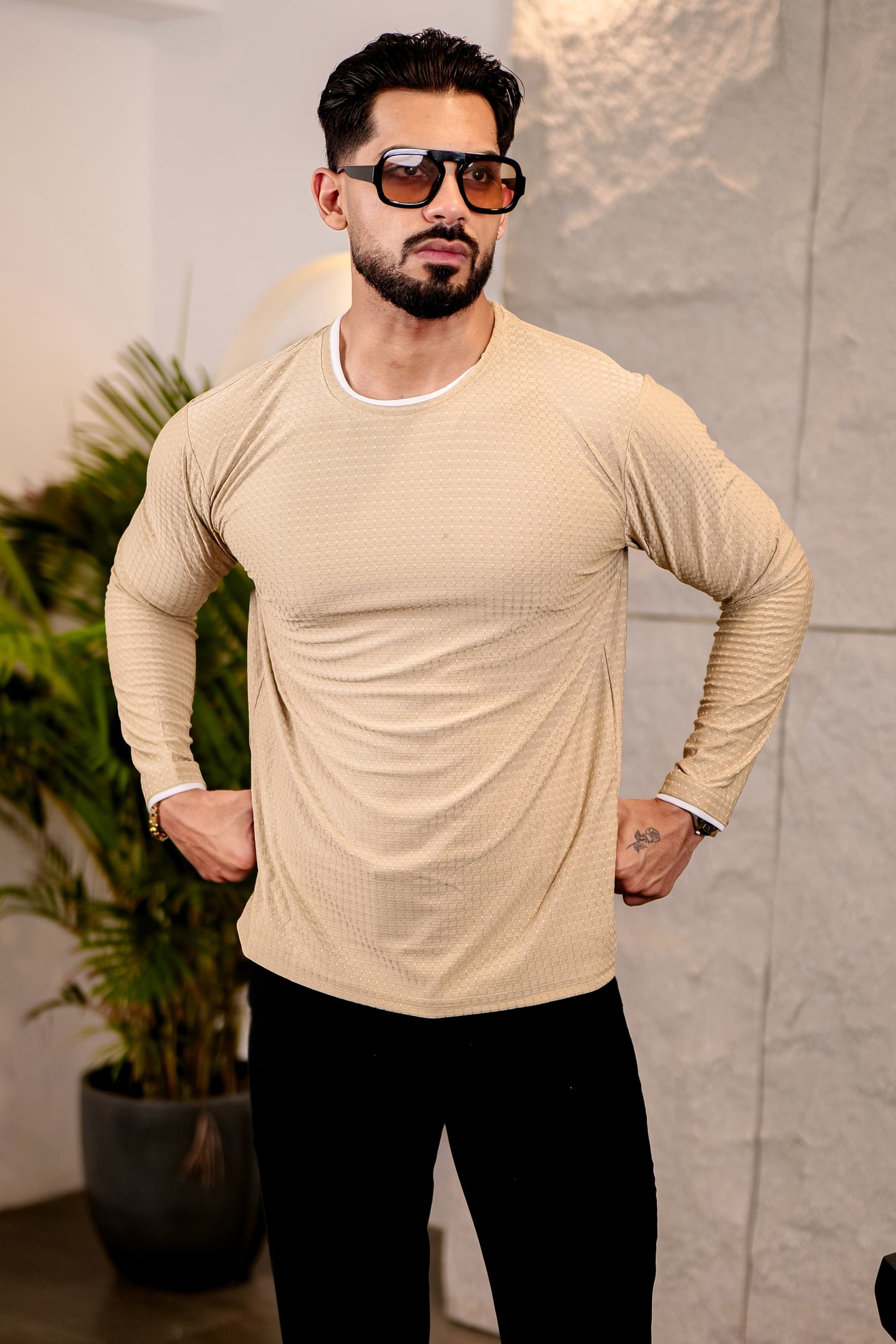 TOM MILTON Mens Cream Color Round Neck Full Sleeve Tshirt
