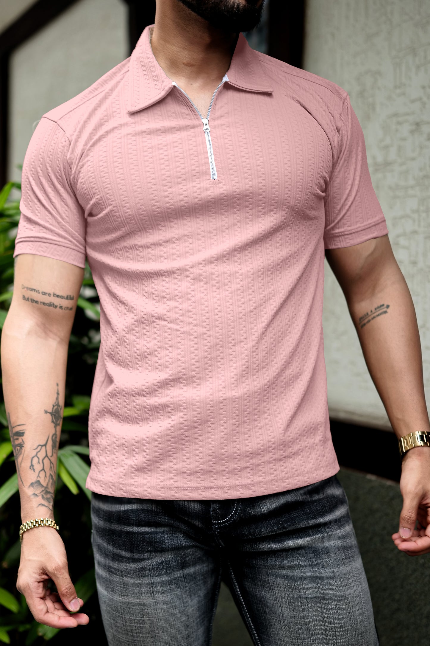 TOM MILTON Light Pink Color textured Polo Collar Polyester  T-shirt
