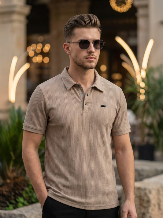 TOM MILTON Men Beige Color Half Sleeve Snap Button Polo Tshirt
