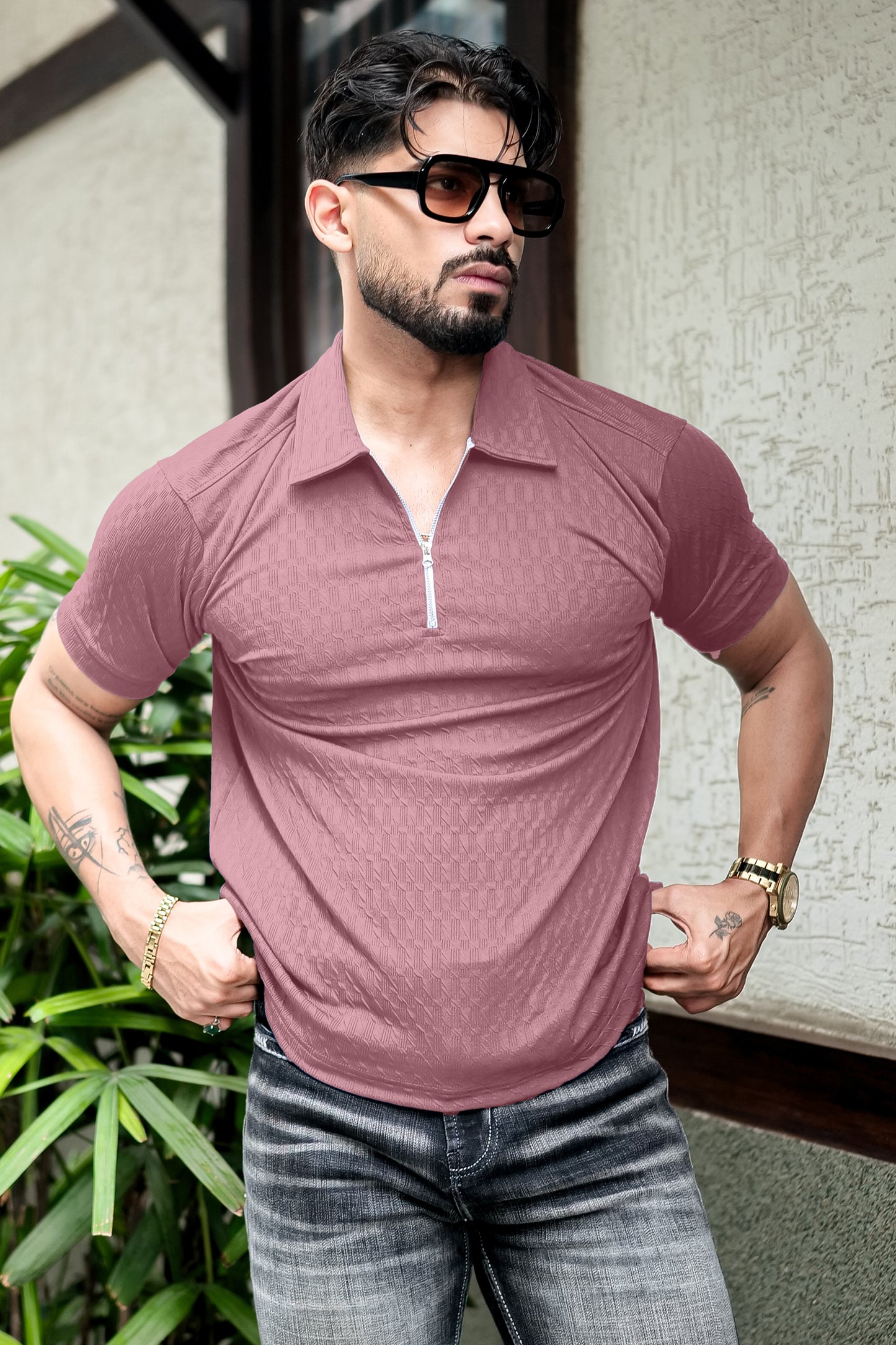 TOM MILTON Dark Pink Color textured Polo Collar Polyester  T-shirt