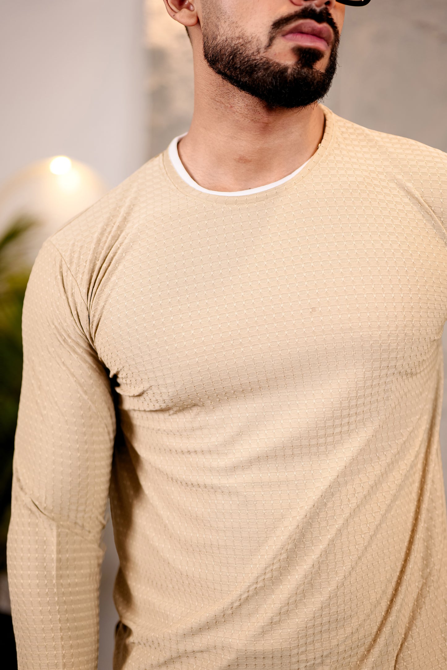 TOM MILTON Mens Cream Color Round Neck Full Sleeve Tshirt