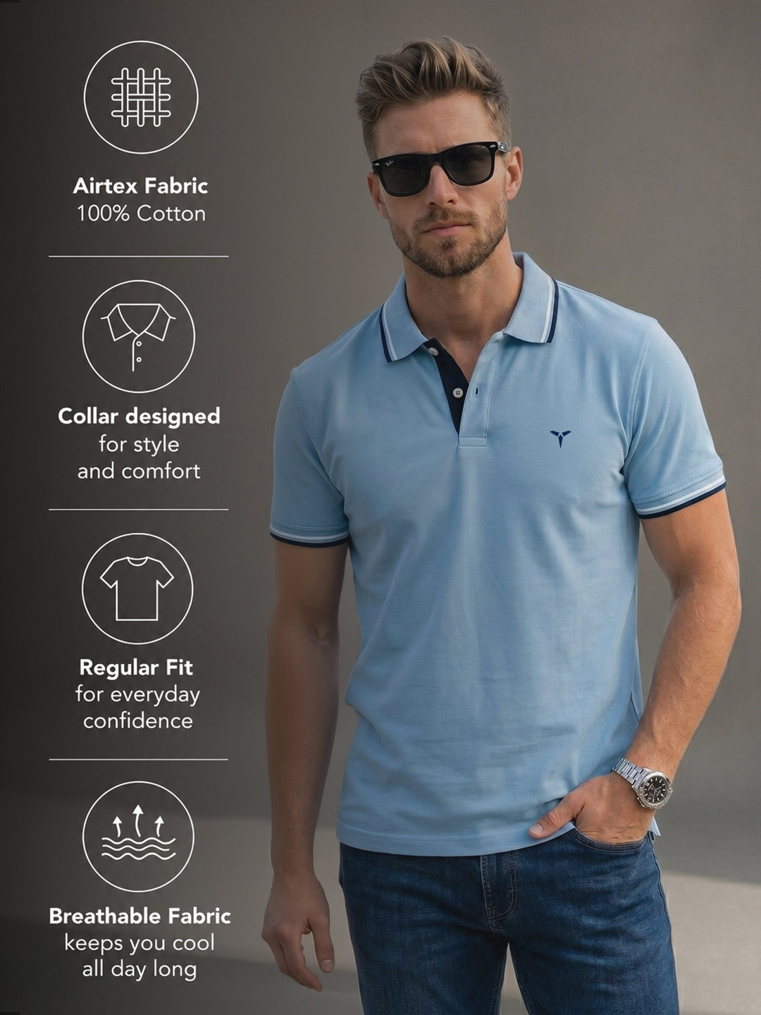 TOM MILTON Men's 100% Cotton Polo T-Shirt – Blue | Regular Fit | Soft & Breathable