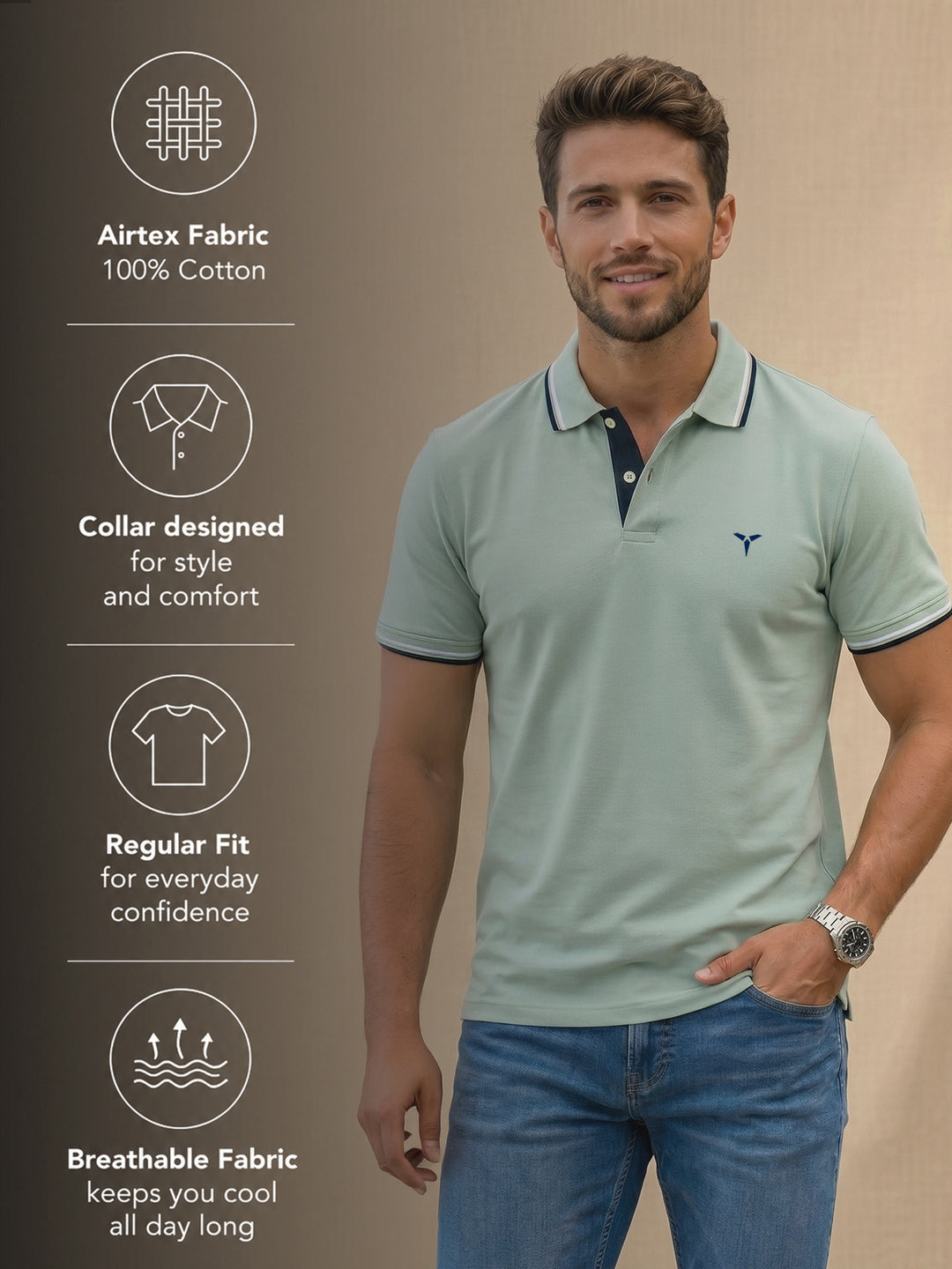 TOM MILTON Men's 100% Cotton Polo T-Shirt – Sage Green | Regular Fit | Soft & Breathable